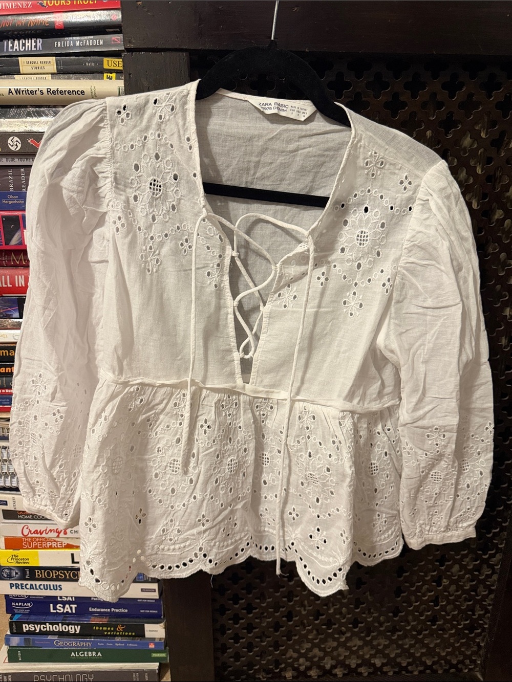 Zara White Eyelet Lace-Up Peplum Top
